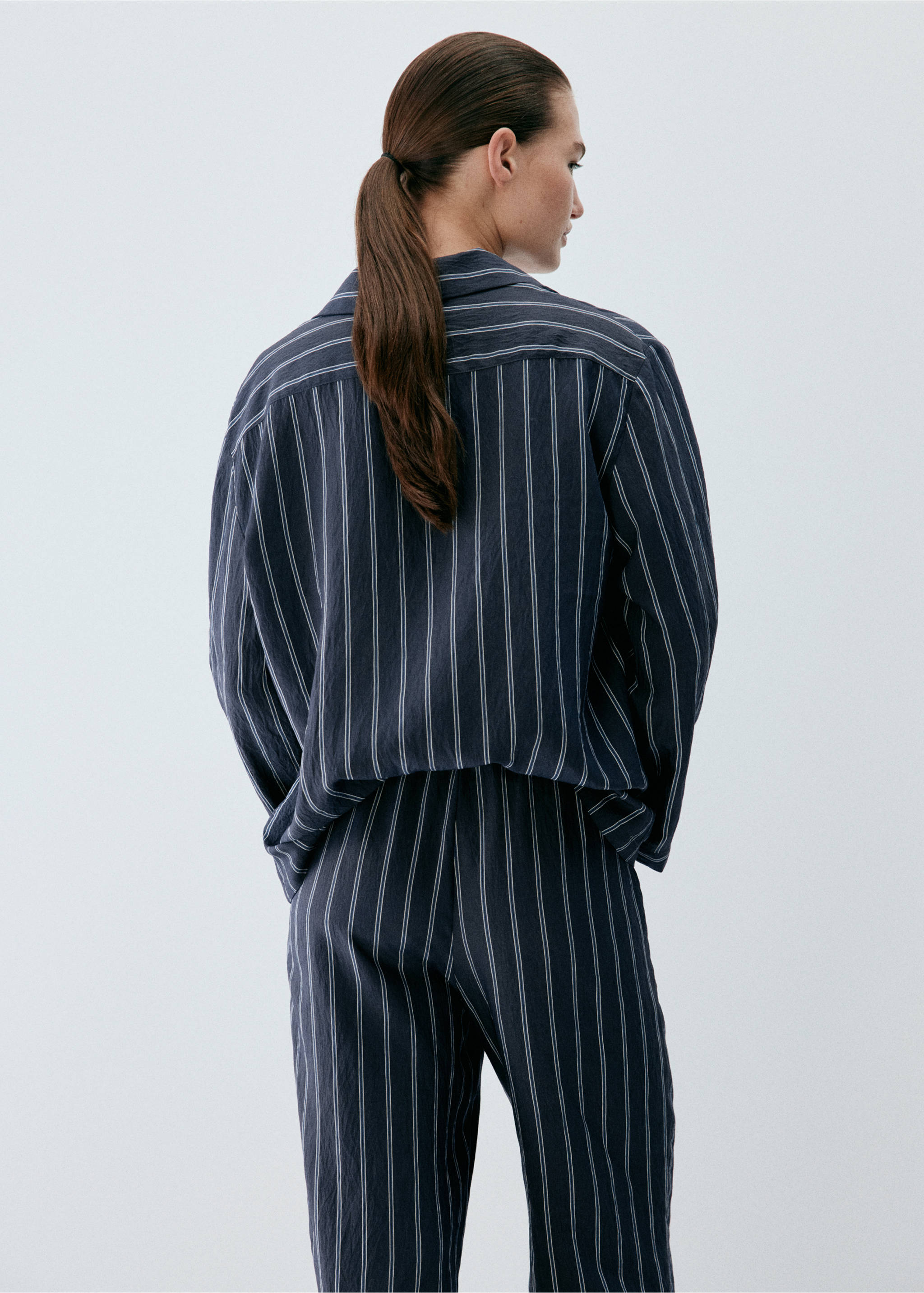 Striped pyjama shirt with front pocket - Reverse of the article, Navy. Ref: 37022925-00.