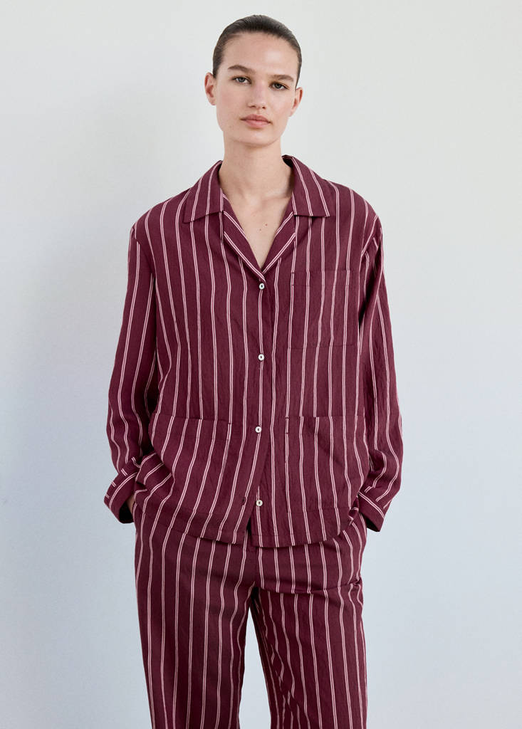 Striped pyjama shirt with front pocket — Burgundy