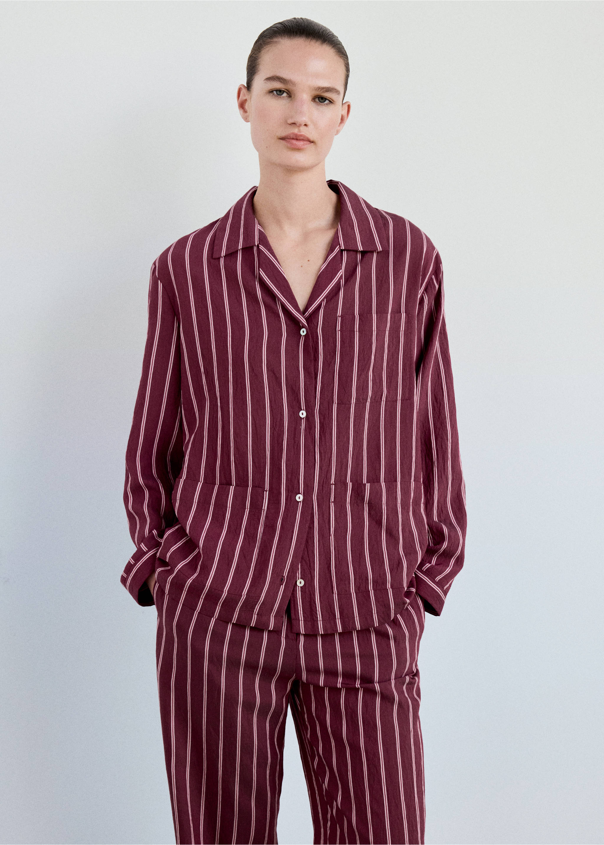 Striped pyjama shirt with front pocket - Medium plane, Burgundy. Ref: 37022925-00.