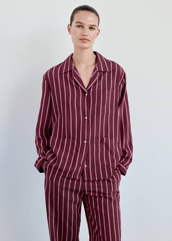 Striped pyjama shirt with front pocket — Burgundy