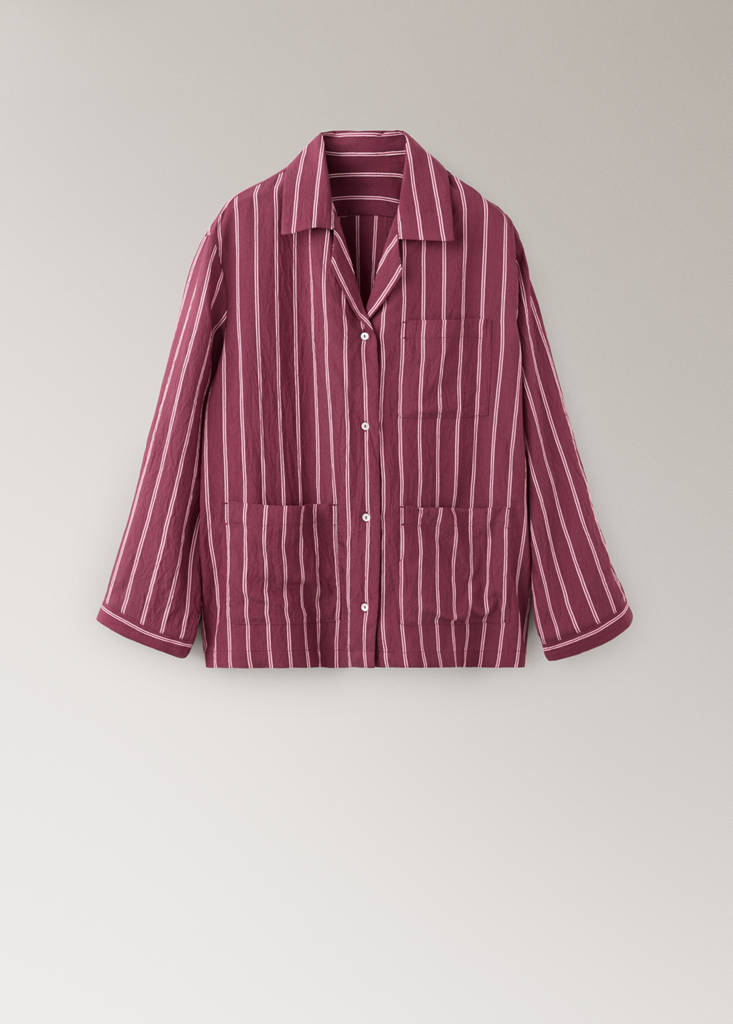 Striped pyjama shirt with front pocket — Burgundy