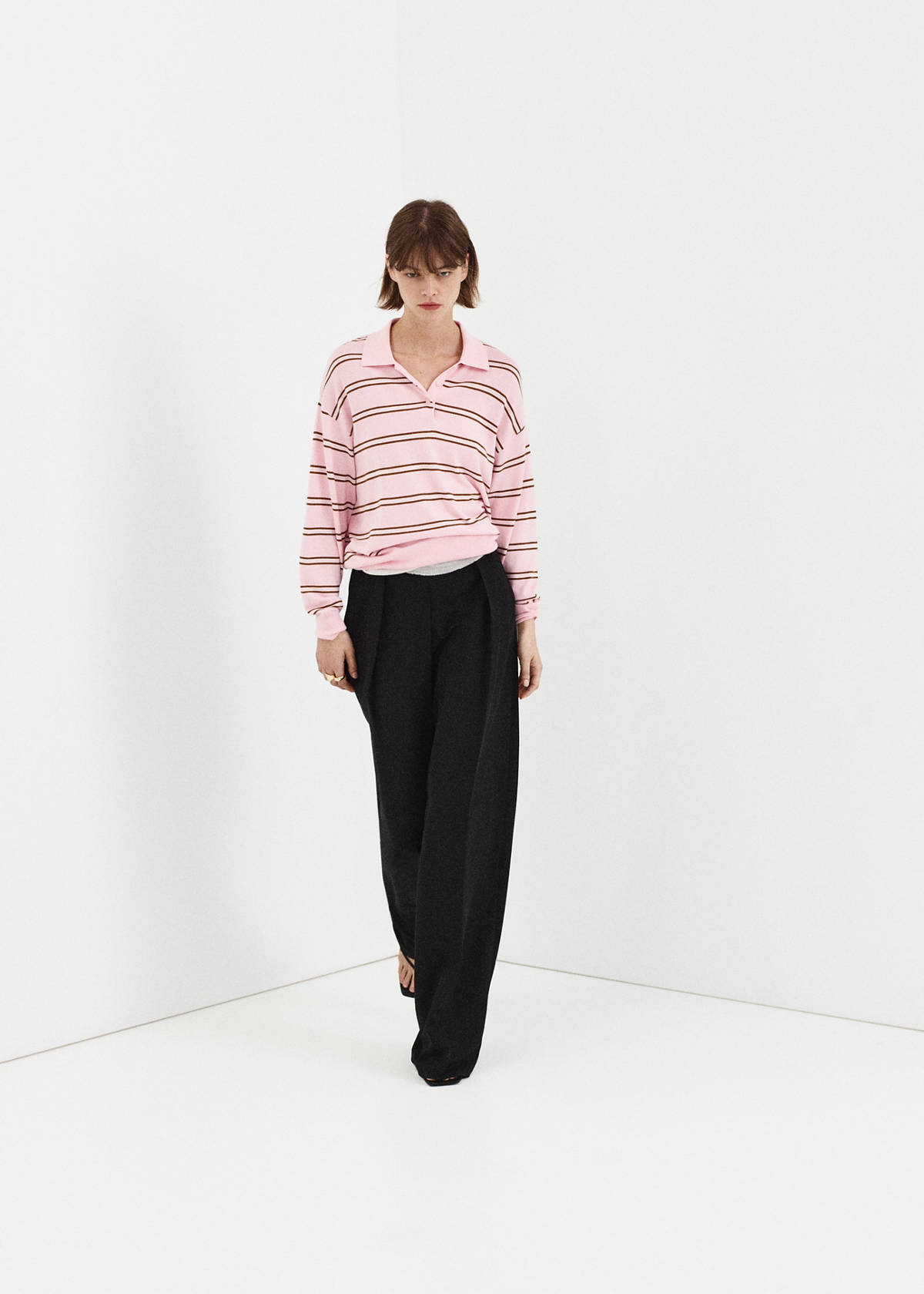 Striped polo-neck sweater — Light Pink