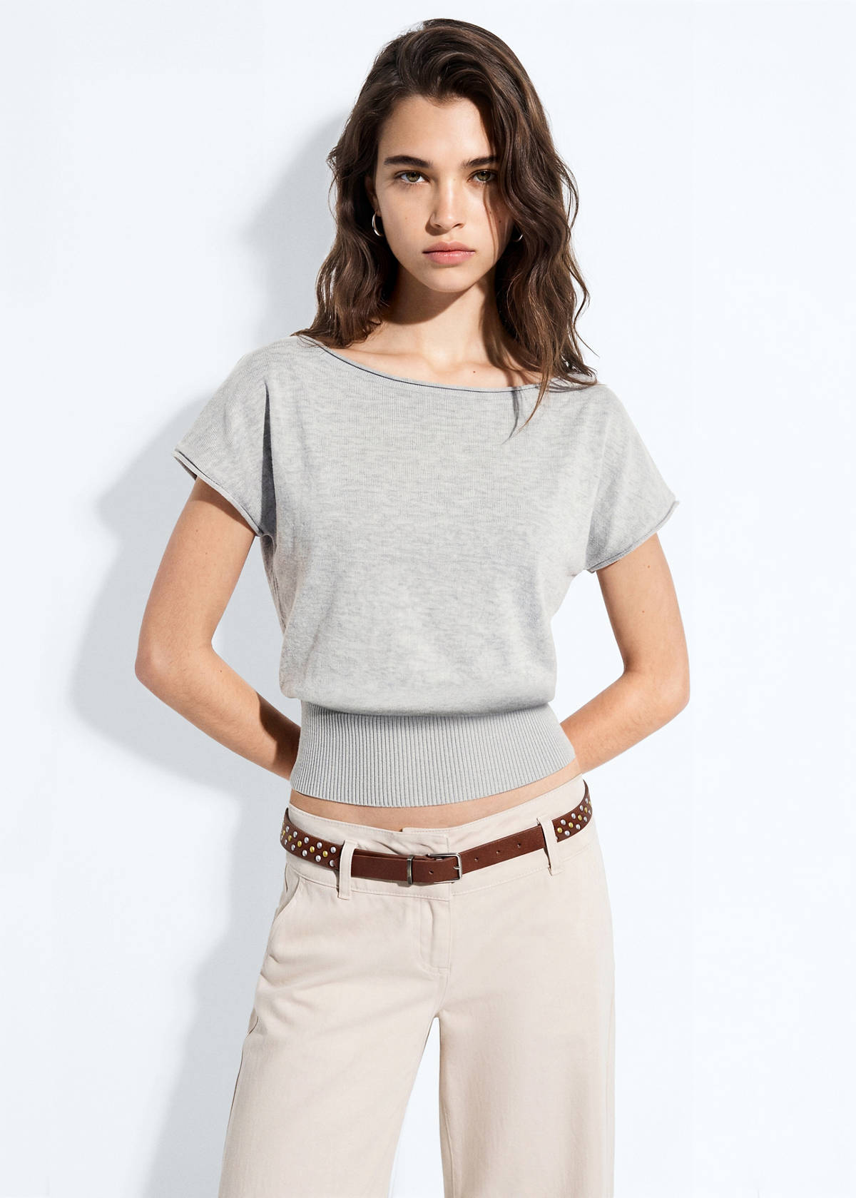 Short-sleeved knitted sweater — Medium Heather Grey