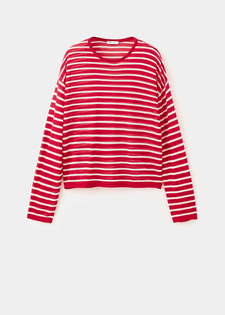 Striped fine knit sweater — Red