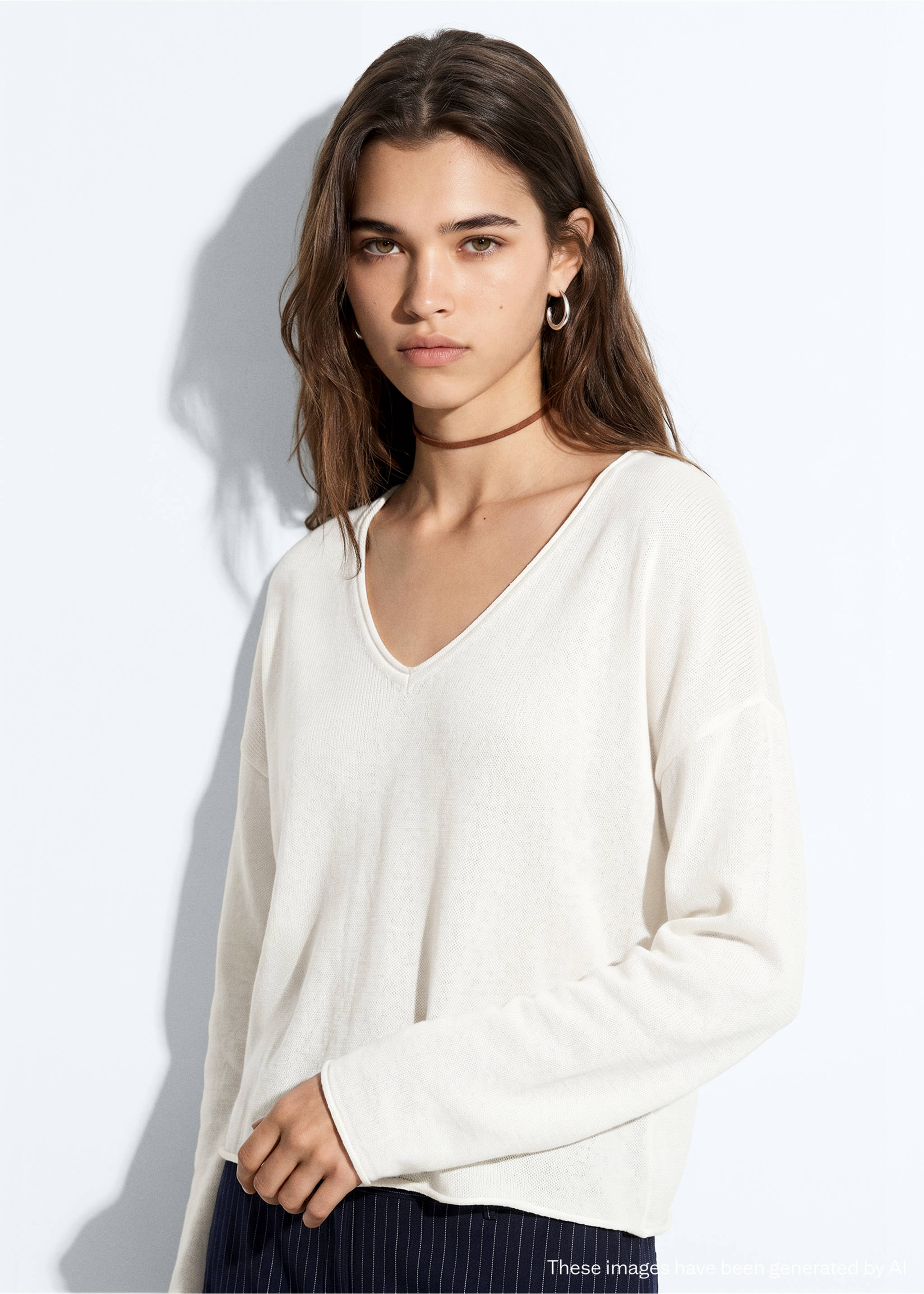 V-neck knit sweater - Medium plane, White. Ref: 37023294-00.