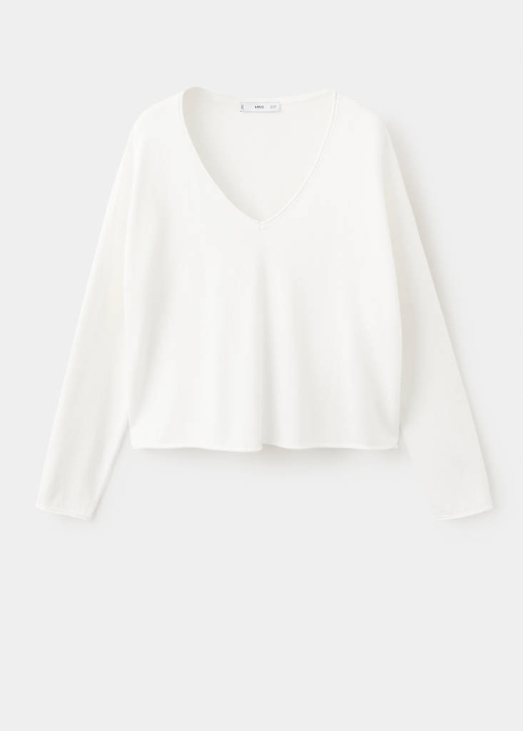 V-neck knit sweater — White