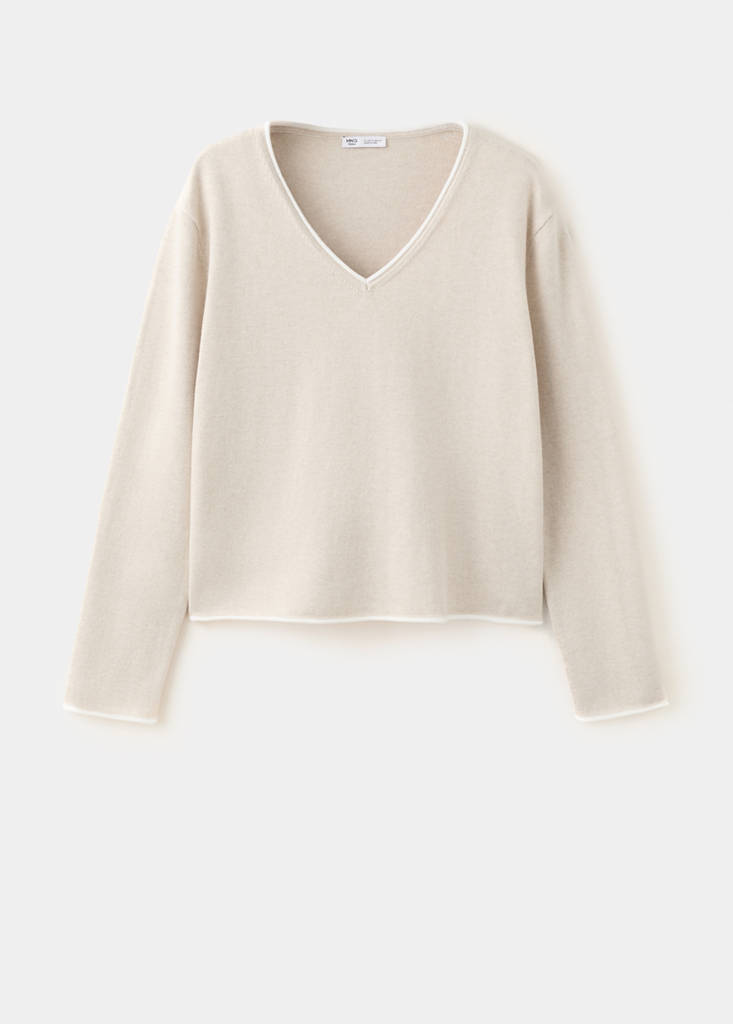 V-neck jumper with contrast trims — Sand