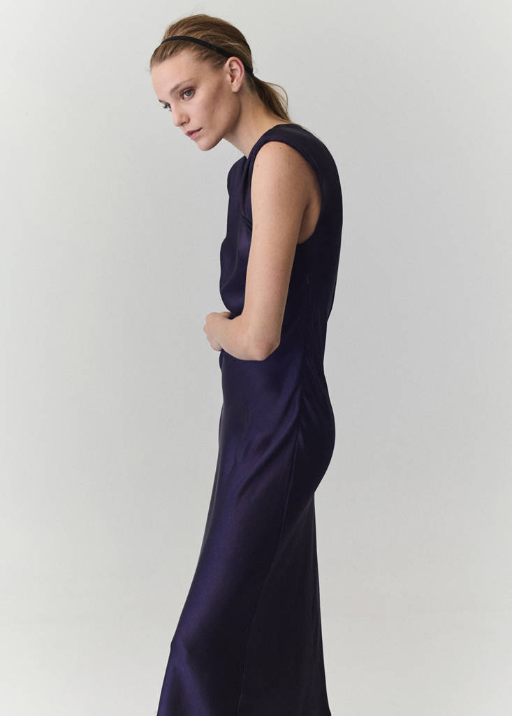 Satin dress with shoulder pads — Night Blue