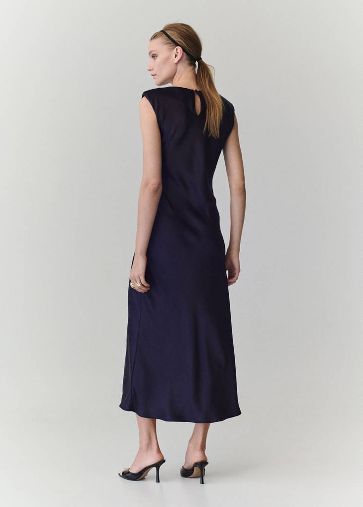 Satin dress with shoulder pads — Night Blue