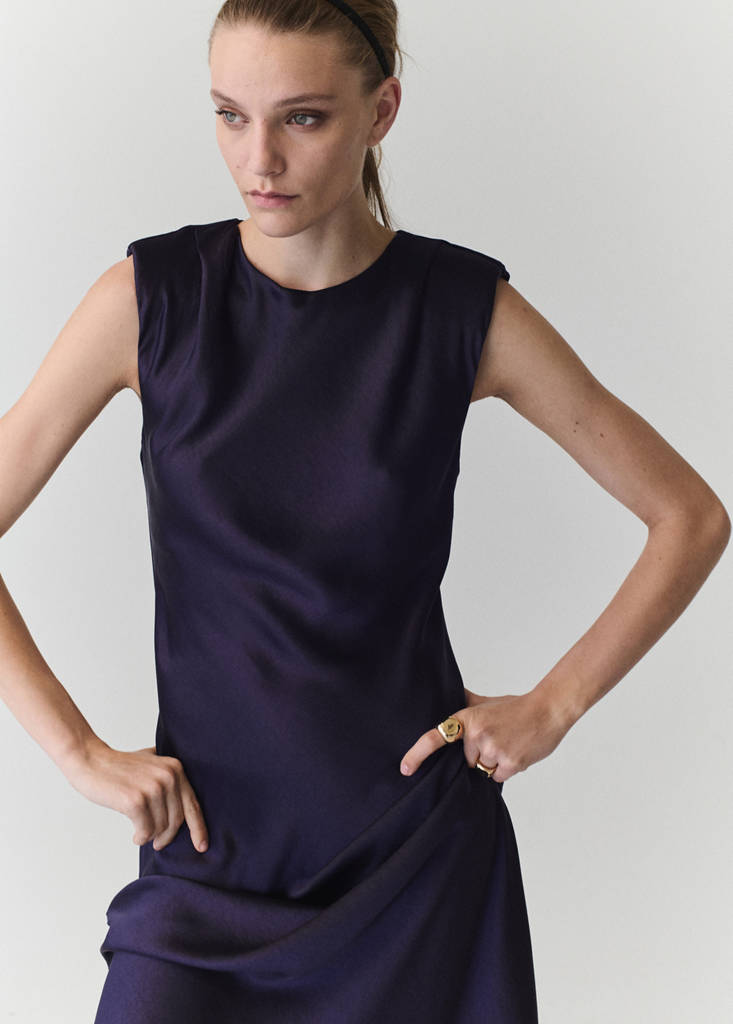 Satin dress with shoulder pads — Night Blue