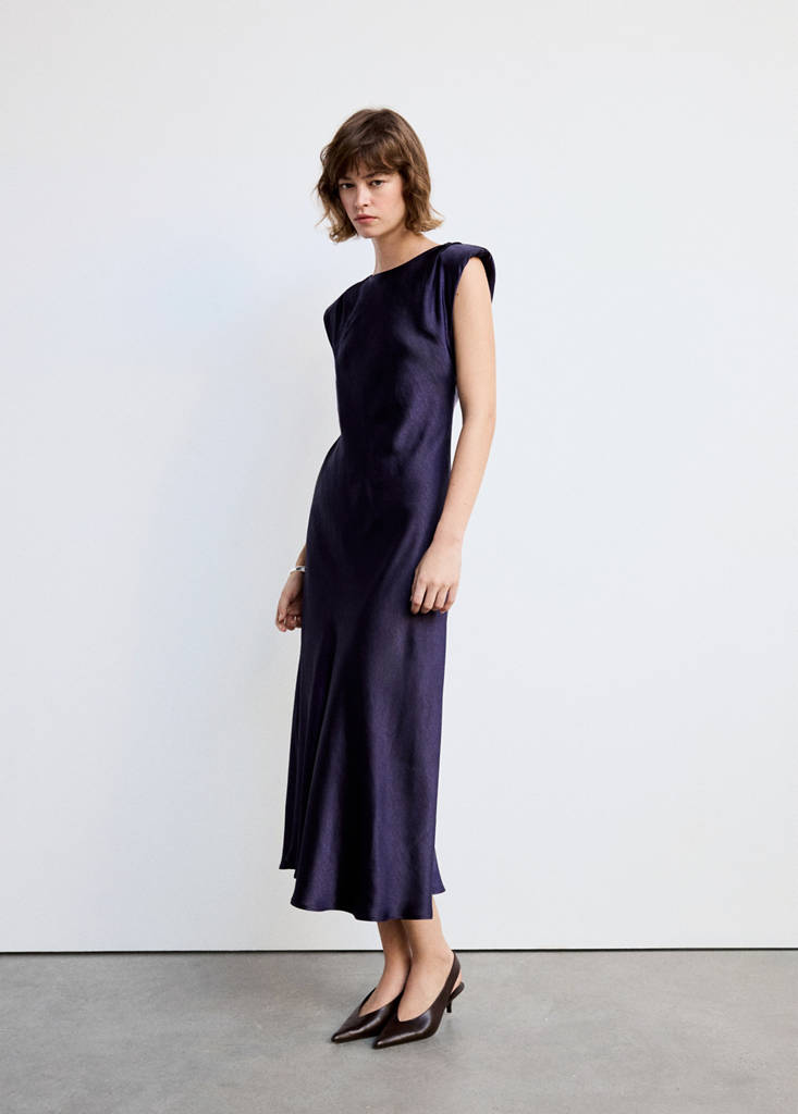 Satin dress with shoulder pads — Night Blue
