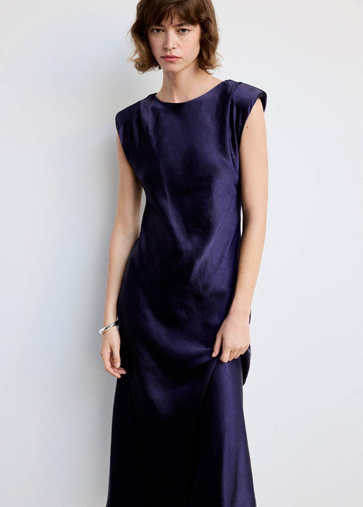Satin dress with shoulder pads — Night Blue