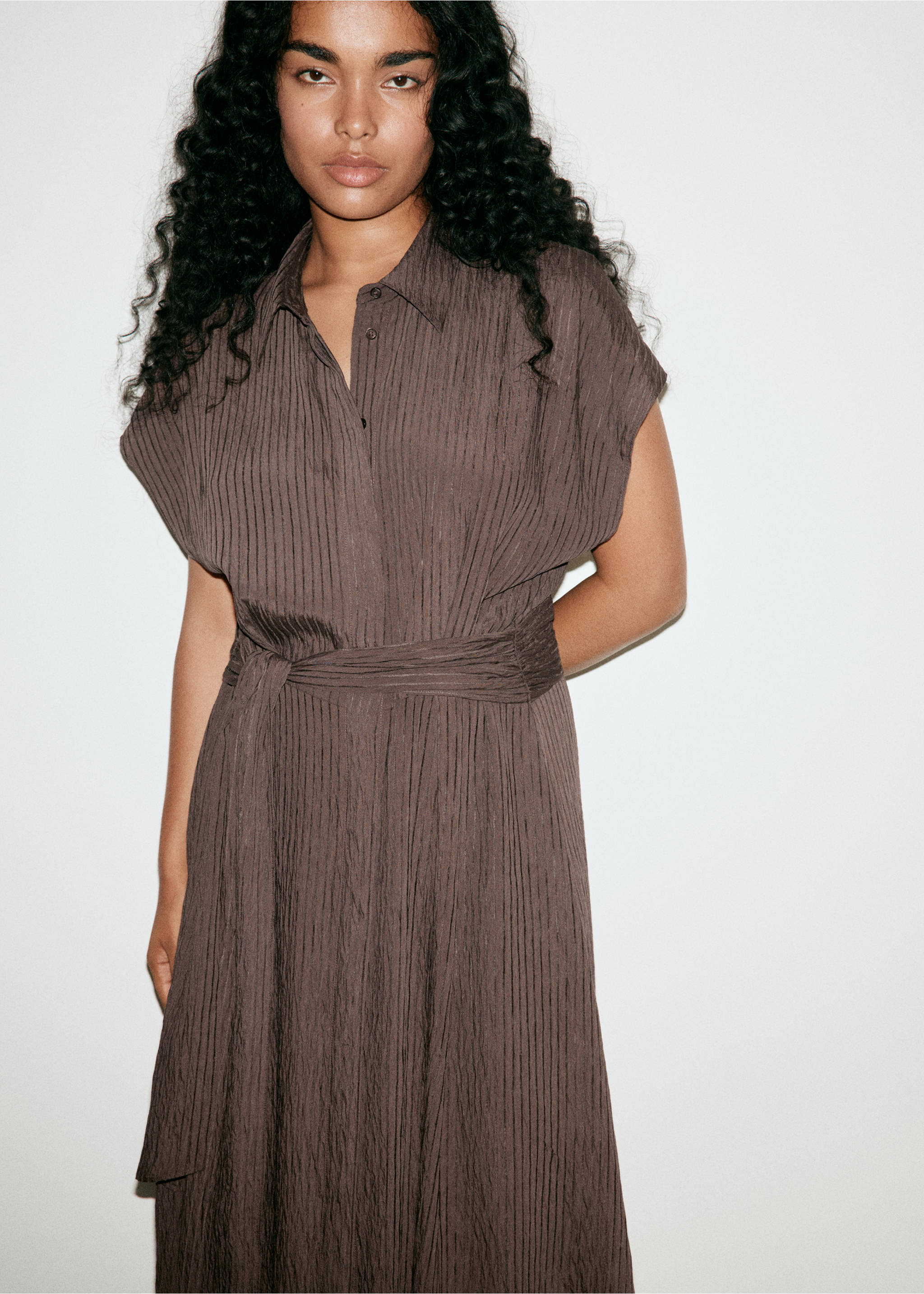 Belt shirt dress - Details of the article 6, Brown. Ref: 37023878-00.
