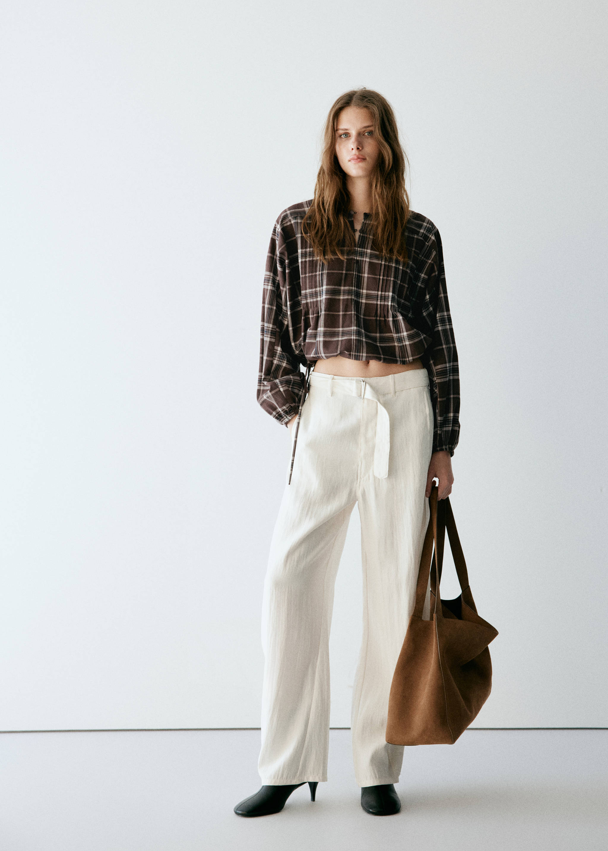 Checked shirt with puffed sleeves - General plane, Brown. Ref: 37024073-00.