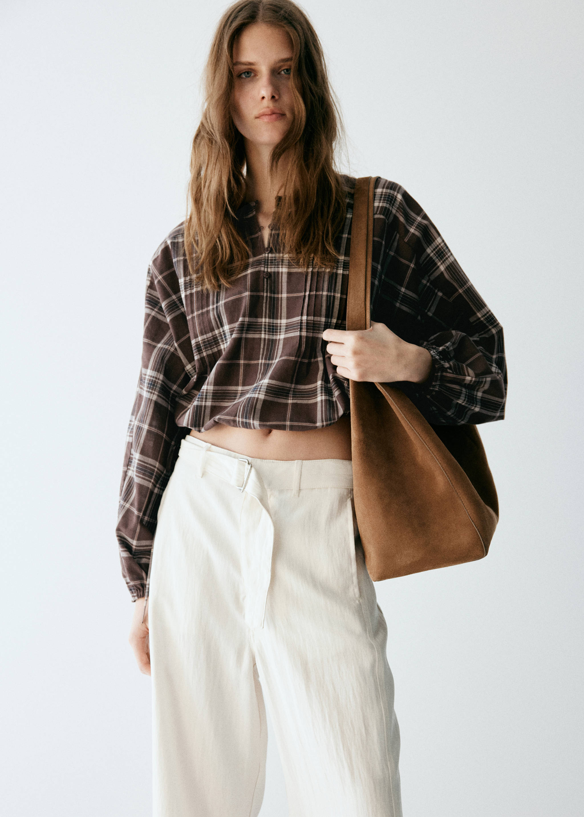 Checked shirt with puffed sleeves - Medium plane, Brown. Ref: 37024073-00.