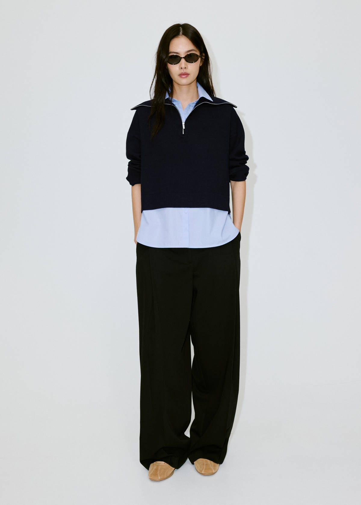 Layered knit jumper with shirt — Dark Navy