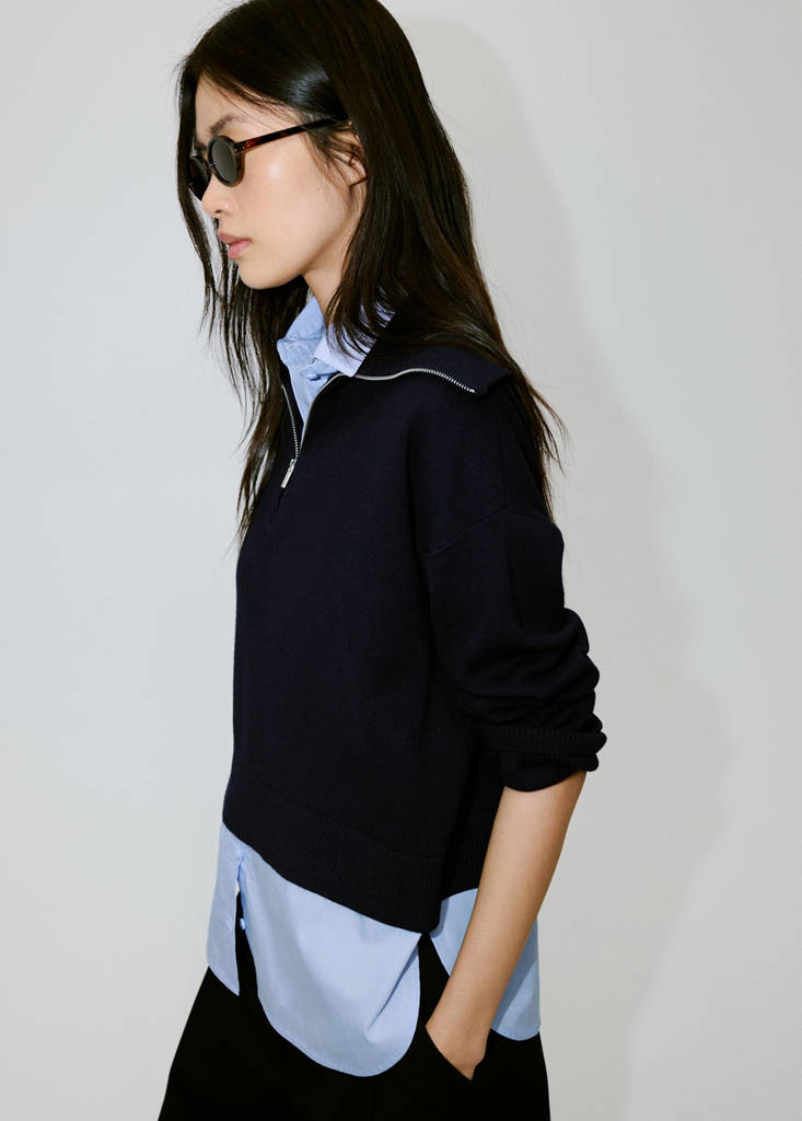 Layered knit jumper with shirt — Dark Navy