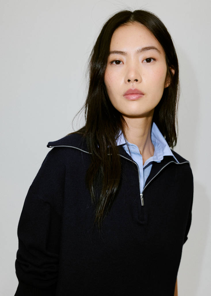 Layered knit jumper with shirt — Dark Navy