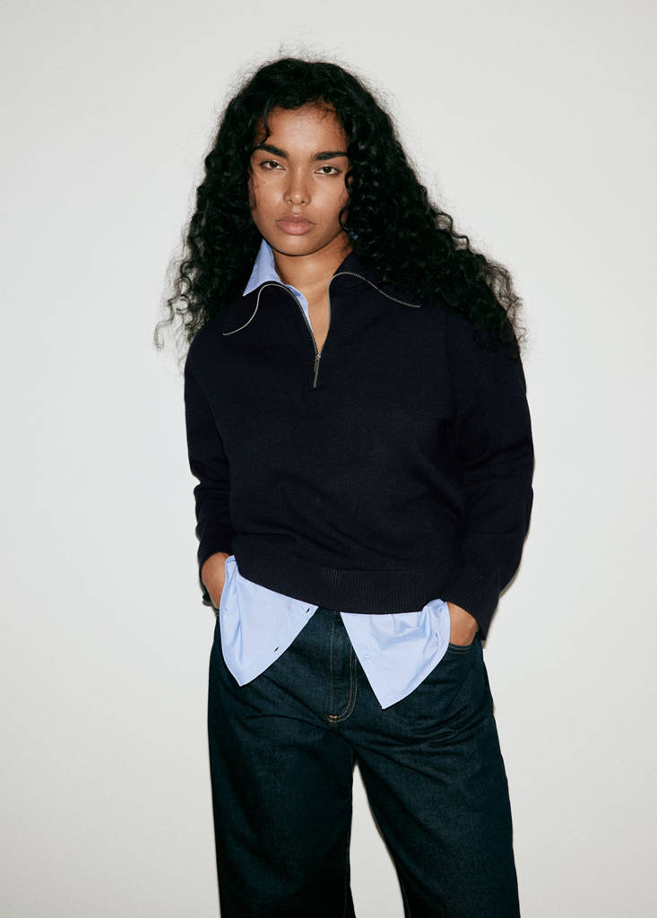 Layered knit jumper with shirt — Dark Navy