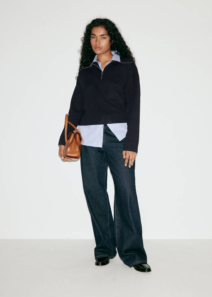 Layered knit jumper with shirt — Dark Navy