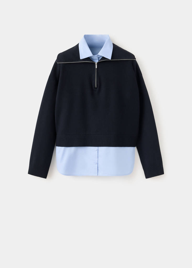 Layered knit jumper with shirt — Dark Navy