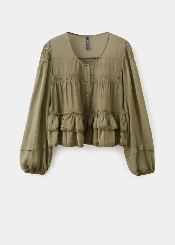 Ruffle blouse with lace details — Green