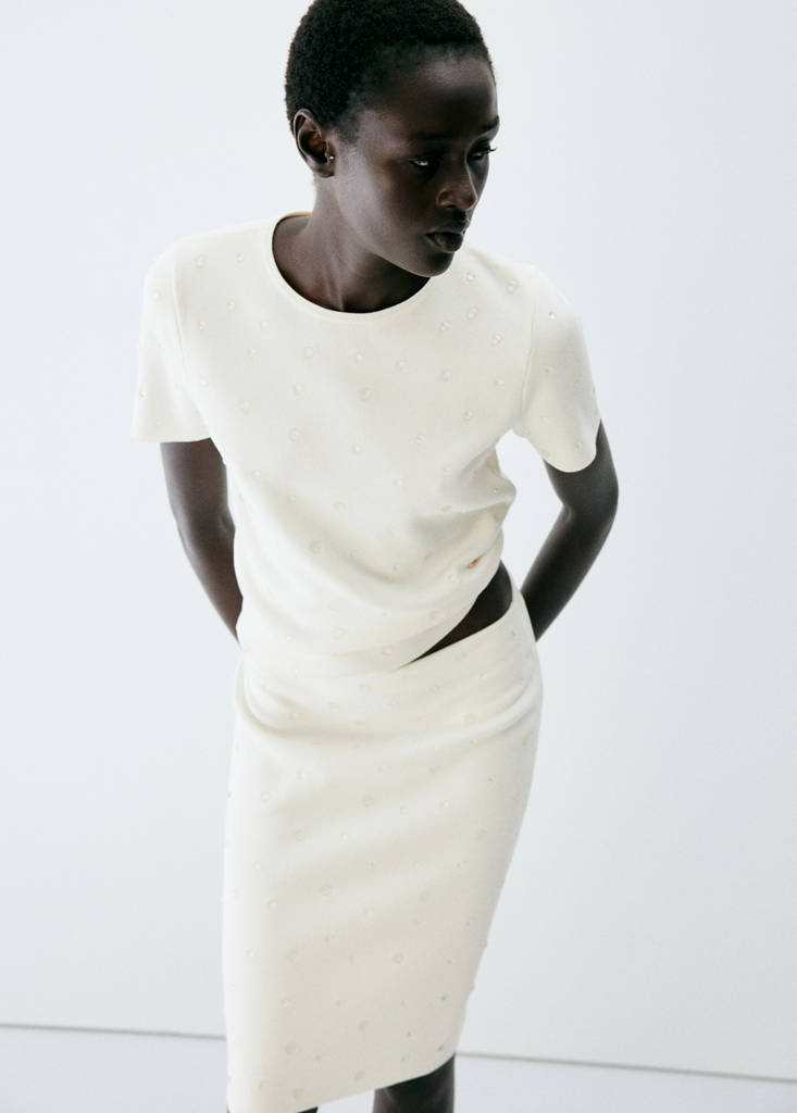 Short-sleeve beaded sweater — Ecru