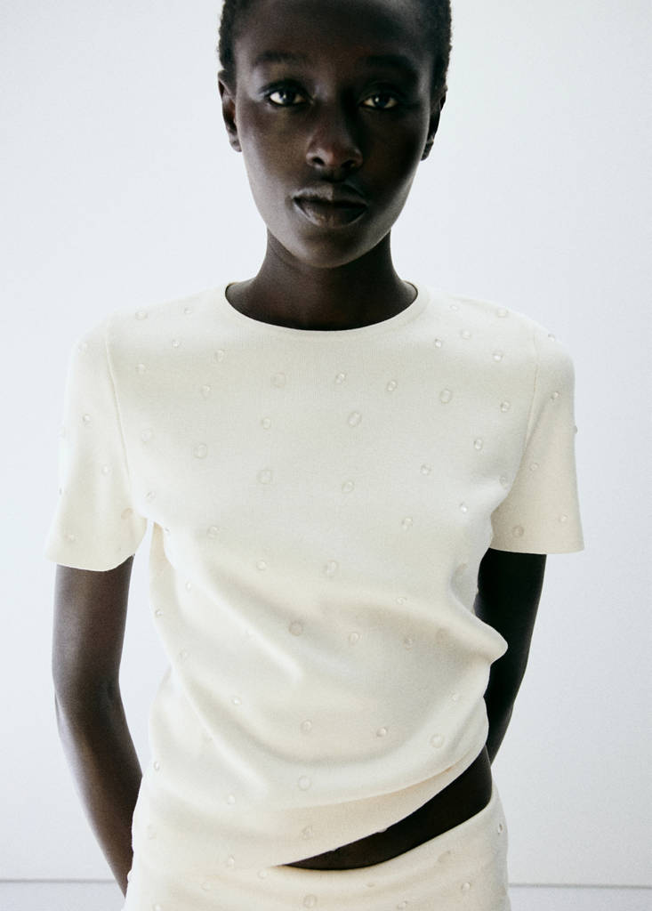Short-sleeve beaded sweater — Ecru