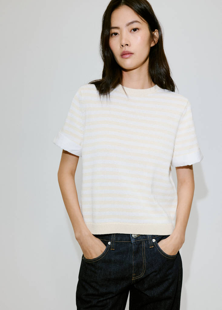 Striped mixed-material jumper — Ecru