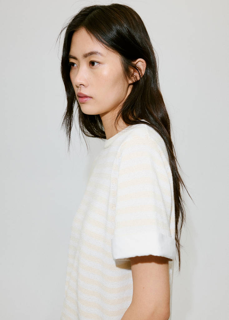 Striped mixed-material jumper — Ecru