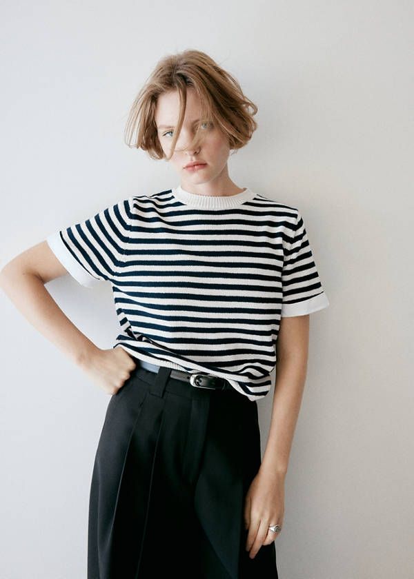 Striped mixed-material jumper — Navy