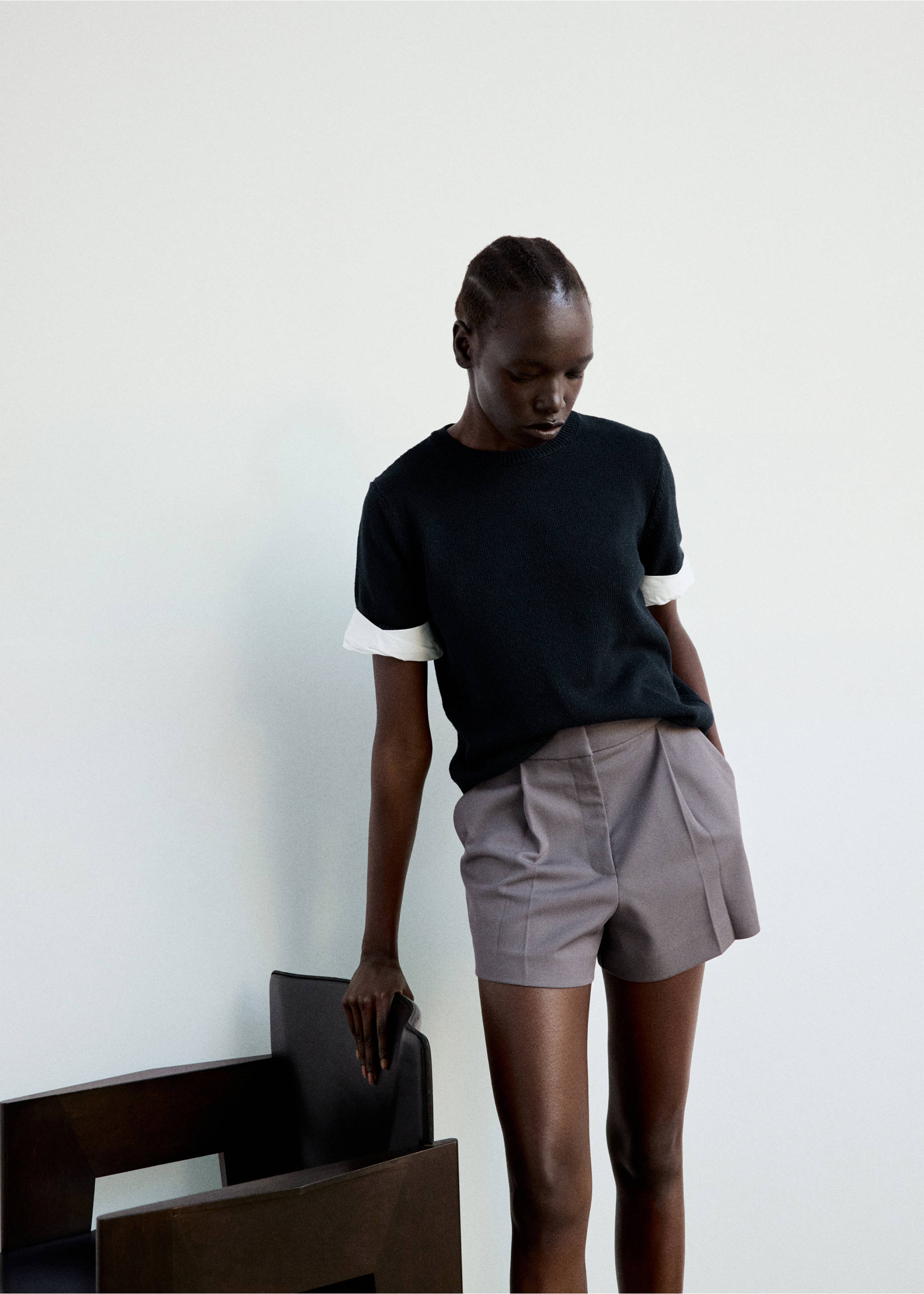 Striped mixed-material jumper - Details of the article 1, Navy. Ref: 37024116-00.