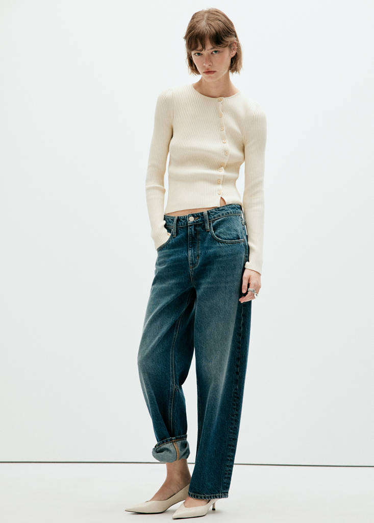 Mango Cardigan Asymétrique En Maille Côtelée In Écru