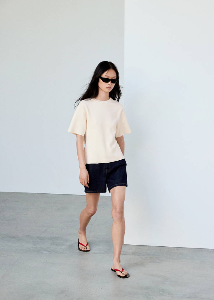Short-sleeved fine-knit sweater — Ecru