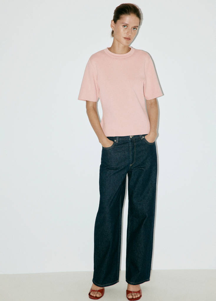 Short-sleeved fine-knit sweater — Light Pink