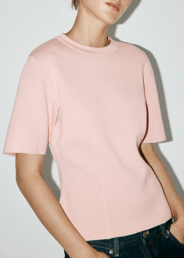Short-sleeved fine-knit sweater — Light Pink