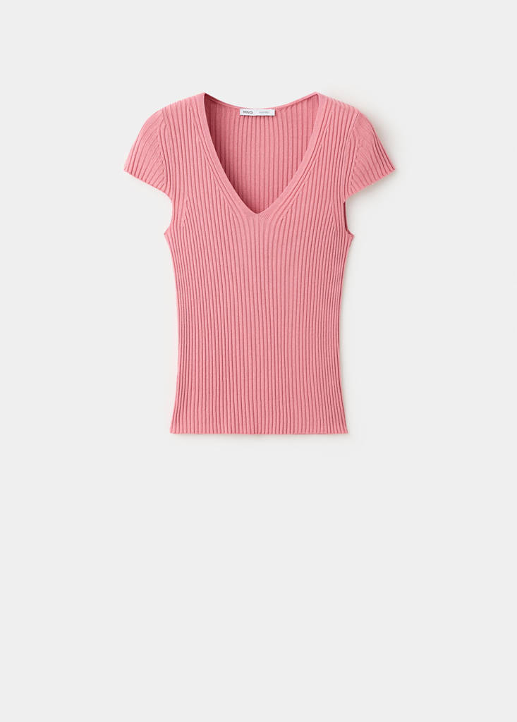 V-neck ribbed knit sweater — Strawberry
