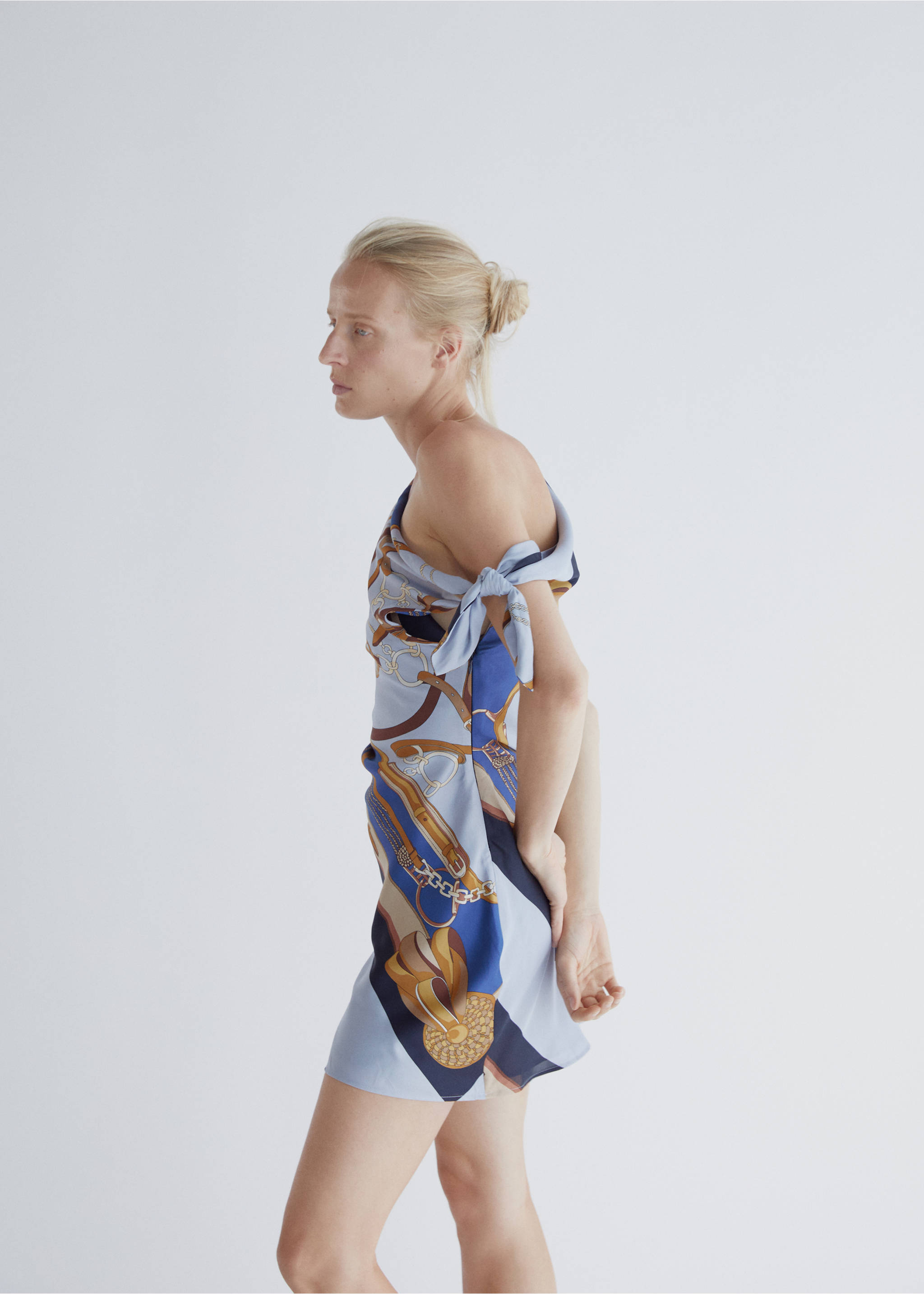 Printed asymmetrical dress - Details of the article 1, Sky Blue. Ref: 37024124-00.