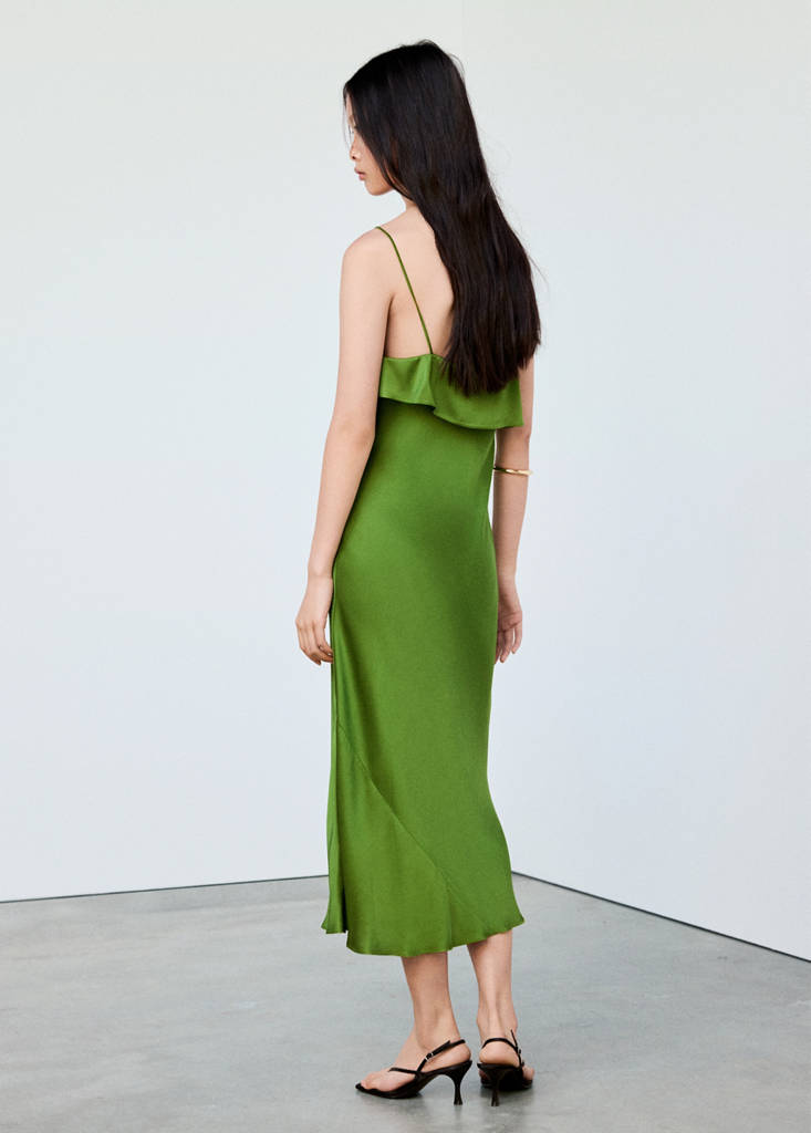 Satin dress with asymmetric ruffle — Green