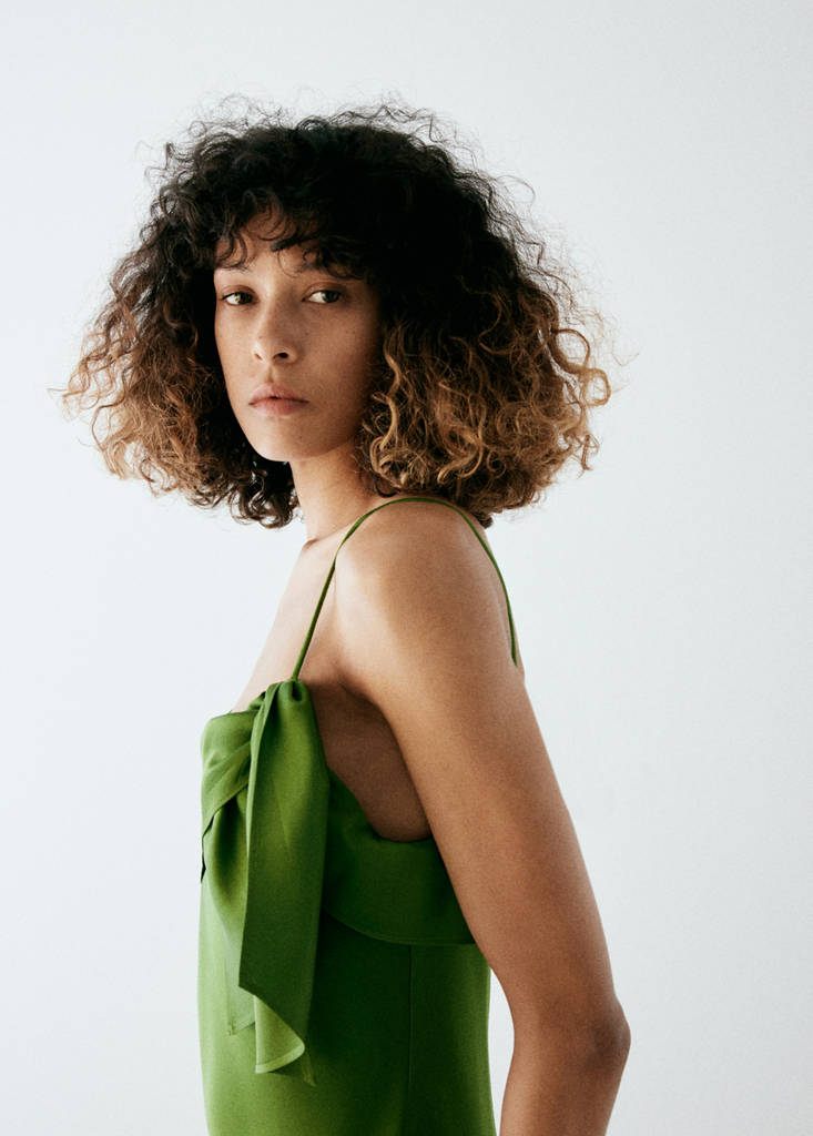 Satin dress with asymmetric ruffle — Green