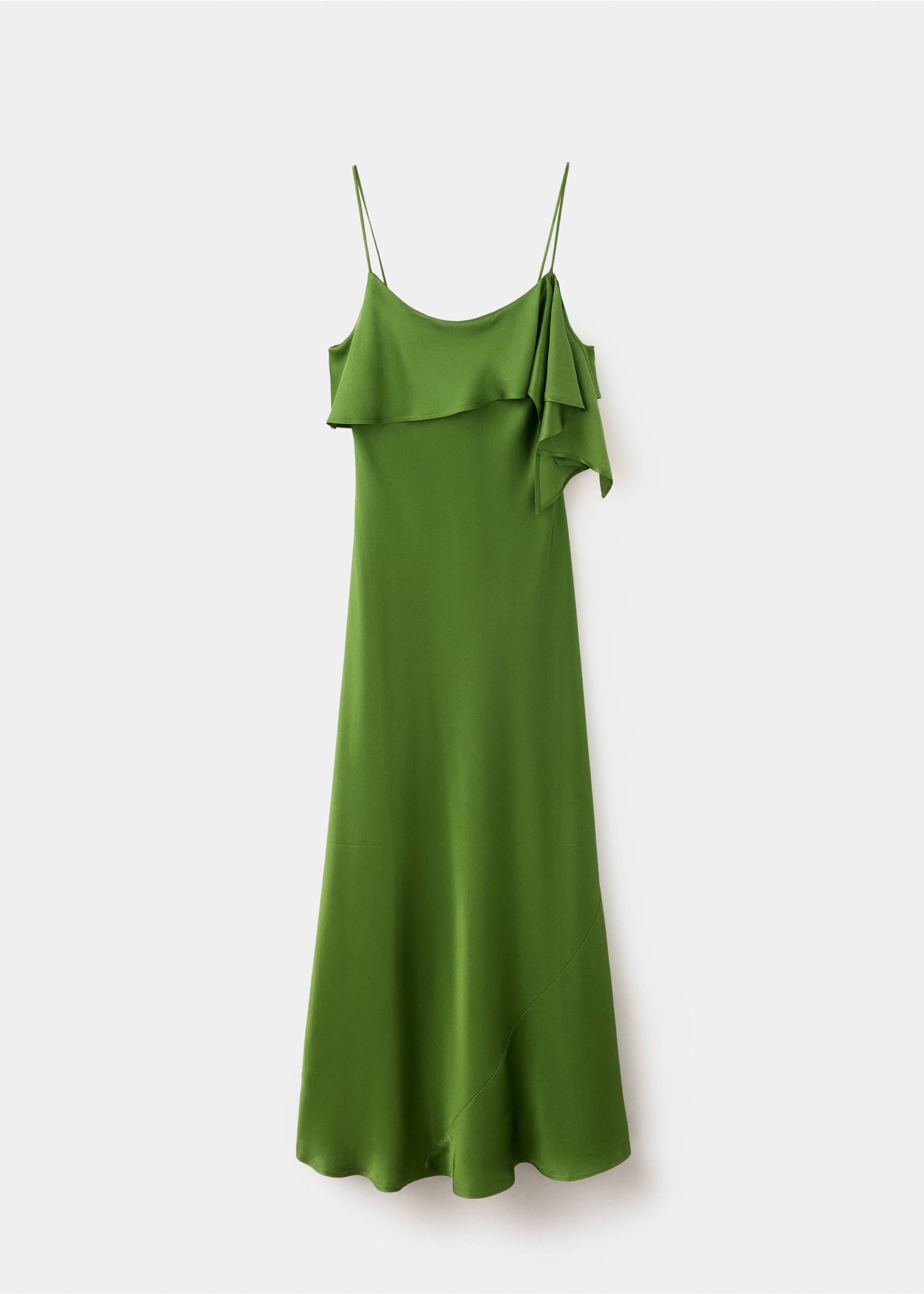 Satin dress with asymmetric ruffle - Article without model, Green. Ref: 37024125-00.