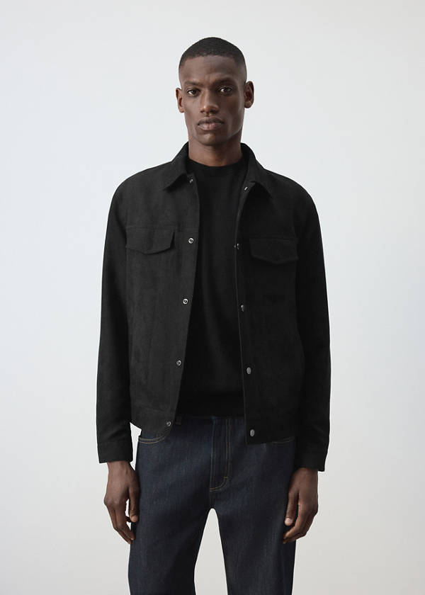 Suede jacket with shirt-style collar — Black