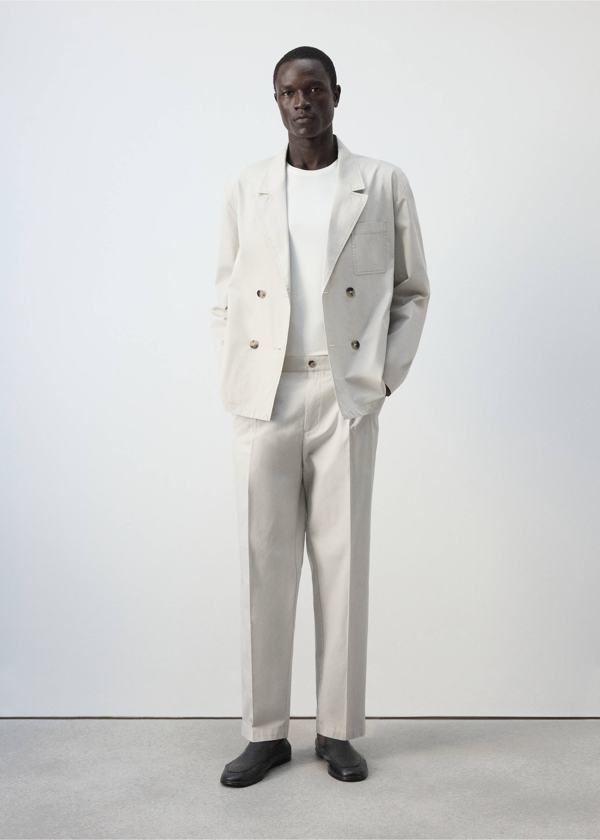 Double-breasted 100% cotton blazer - General plane, Light/Pastel Grey. Ref: 37024404-00.