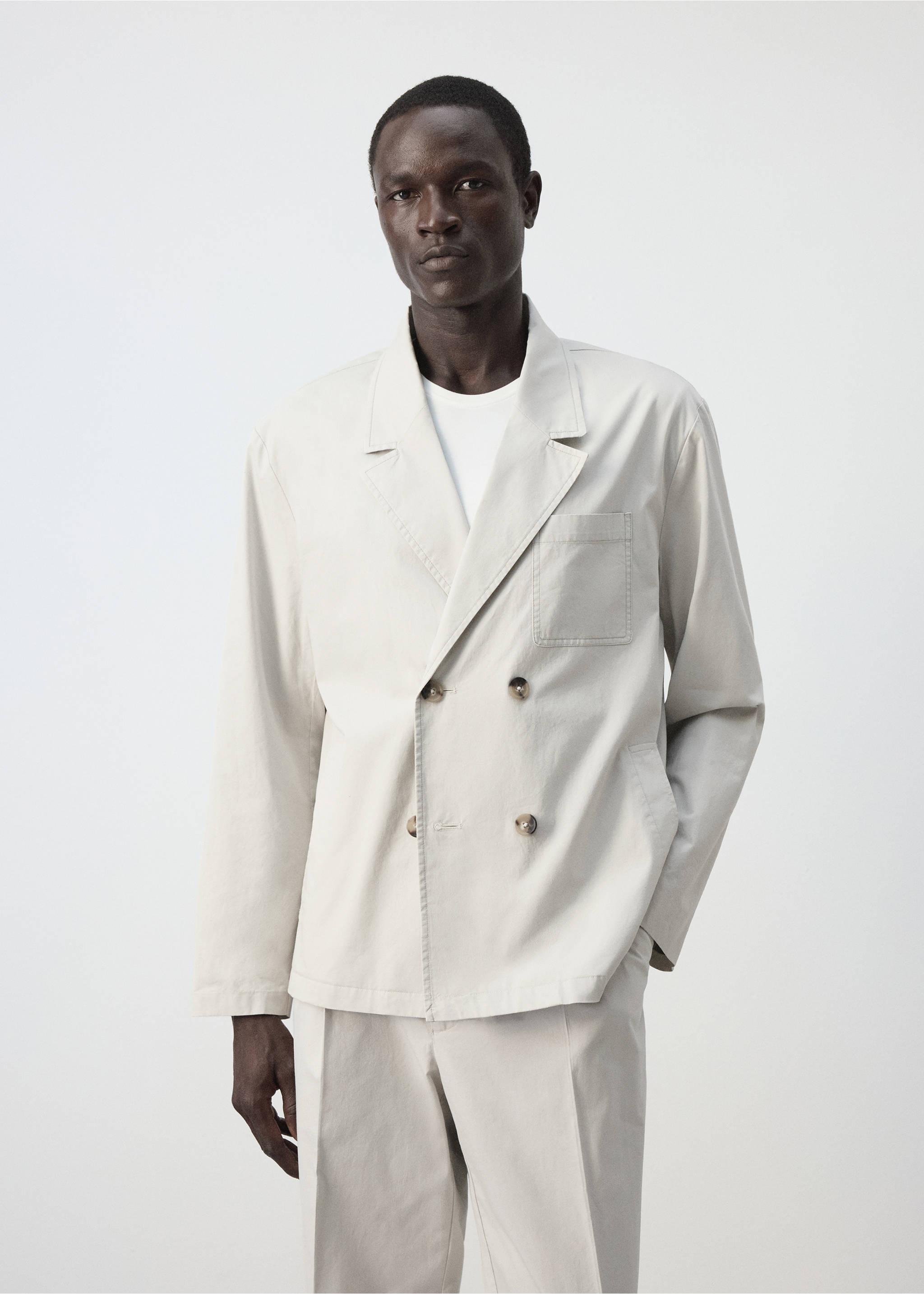 Double-breasted 100% cotton blazer - Medium plane, Light/Pastel Grey. Ref: 37024404-00.