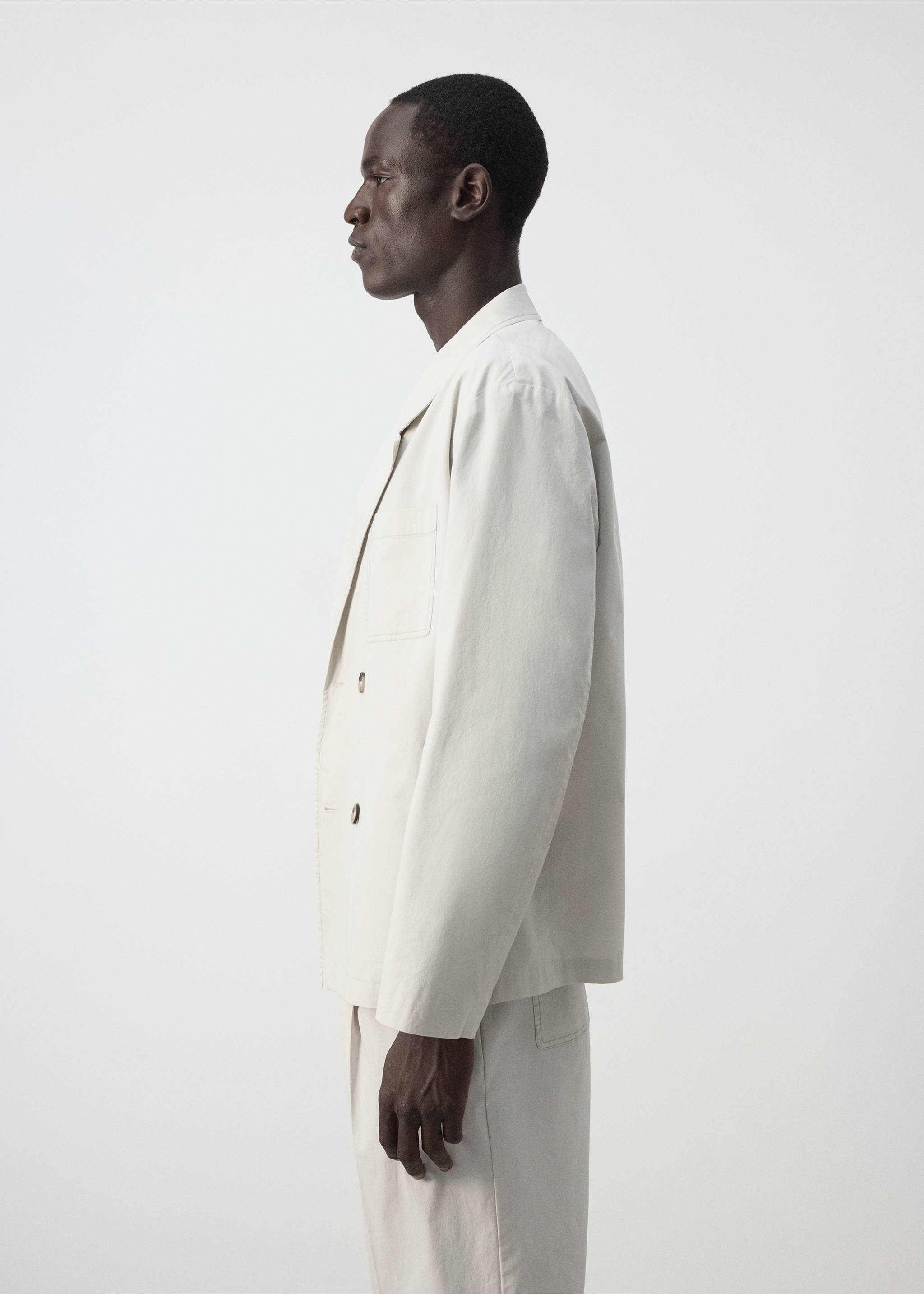 Double-breasted 100% cotton blazer - Details of the article 2, Light/Pastel Grey. Ref: 37024404-00.