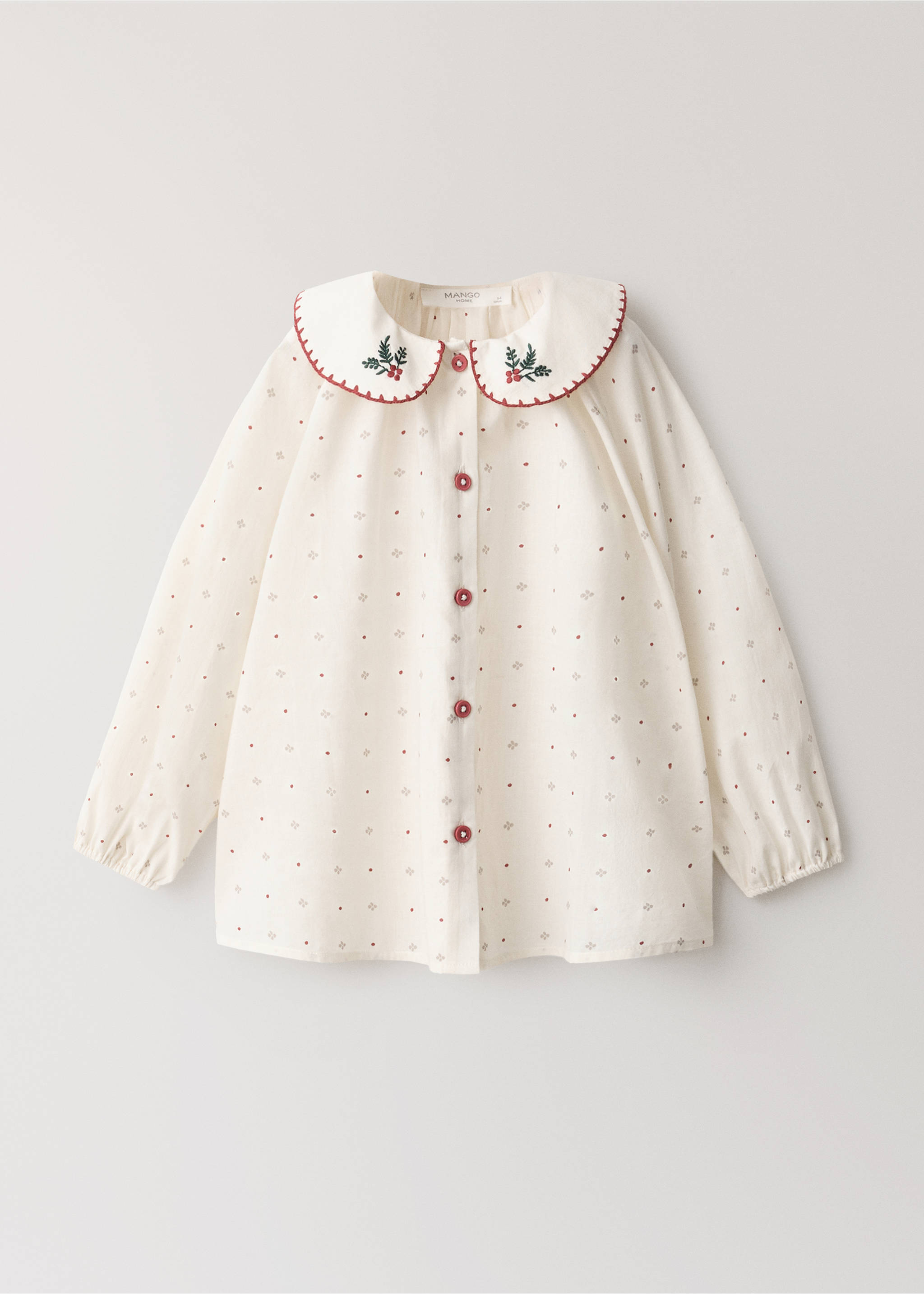 Off-white patterned pyjama shirt featuring a Peter Pan collar with embroidery and reddish-brown buttons., Off White. Ref: 37024454-00.