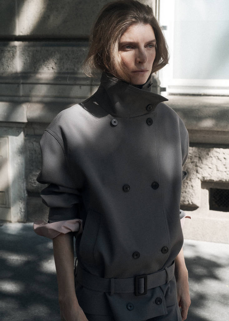 Funnel neck belted trench coat — Grey