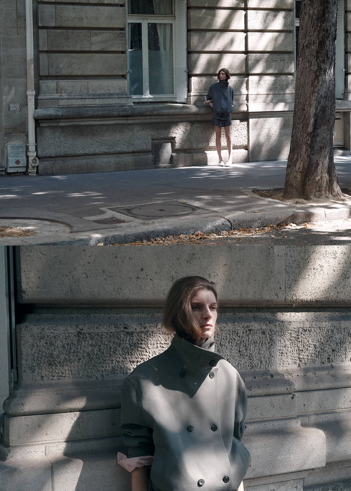 Trench coat with funnel neck and belt — Grey