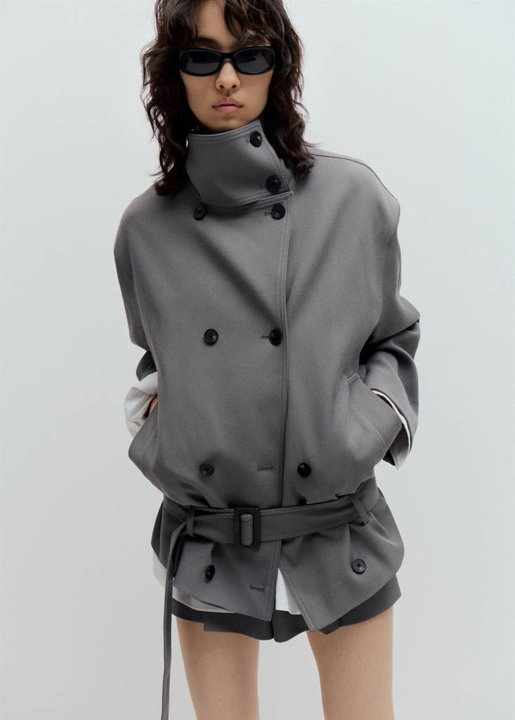 Funnel neck belted trench coat — Grey