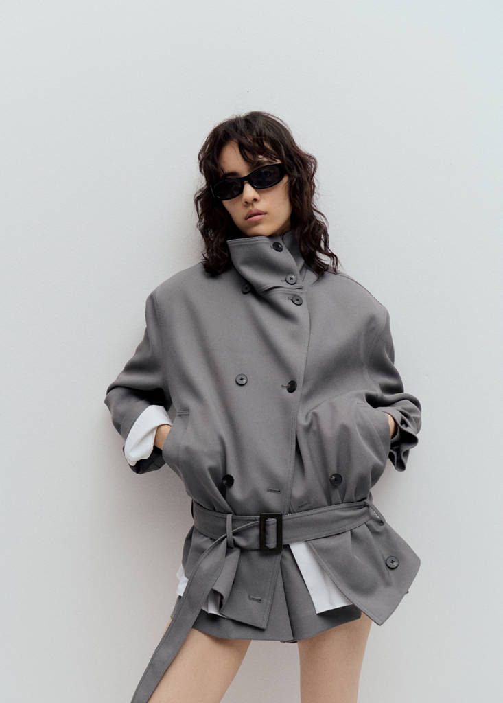 Funnel neck belted trench coat — Grey